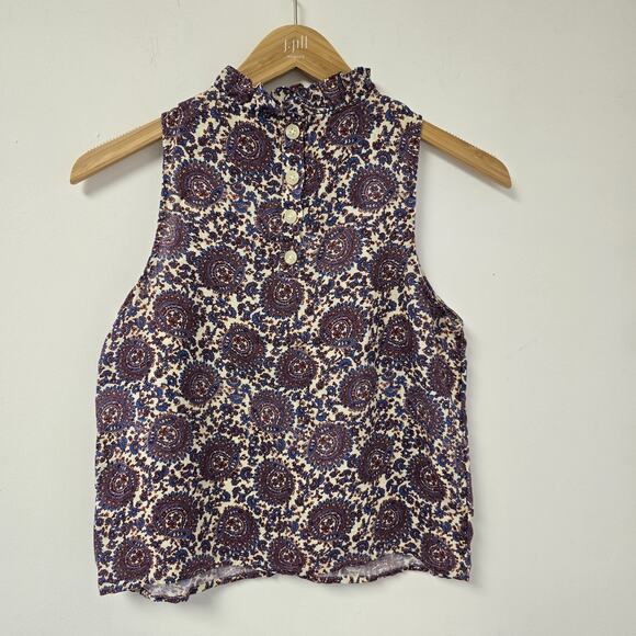 J. Crew Top Size S Fleur Sleeveless Paisley Floral Ruffle Neck Blouse Linen Prep - Picture 3 of 7